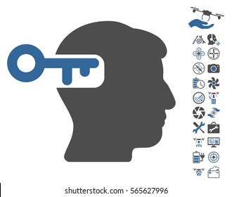 Intellect Key pictograph with bonus copter tools pictures. Vector illustration style is flat iconic cobalt and gray symbols on white background.