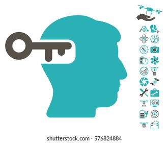 Intellect Key pictograph with bonus copter service pictograms. Vector illustration style is flat iconic grey and cyan symbols on white background.