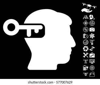 Intellect Key pictograph with bonus drone tools design elements. Vector illustration style is flat iconic white symbols on black background.