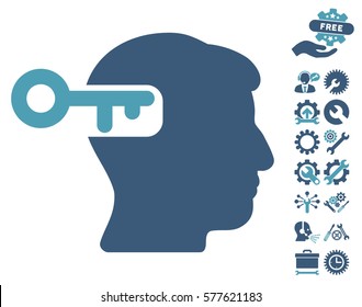 Intellect Key pictograph with bonus options icon set. Vector illustration style is flat iconic cyan and blue symbols on white background.