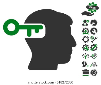 Intellect Key pictograph with bonus setup tools pictograph collection. Vector illustration style is flat iconic green and gray symbols on white background.