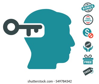 Intellect Key pictograph with free bonus pictures. Vector illustration style is flat iconic symbols, soft blue colors, white background.