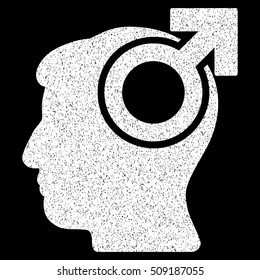 Intellect Potency grainy textured icon for overlay watermark stamps. Flat symbol with dirty texture. Dotted vector white ink rubber seal stamp with grunge design on a black background.