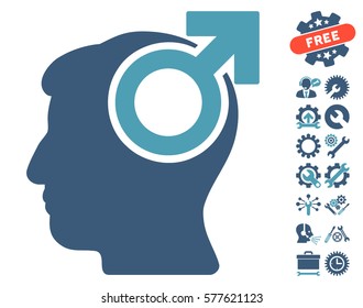 Intellect Potency pictograph with bonus configuration symbols. Vector illustration style is flat iconic cyan and blue symbols on white background.
