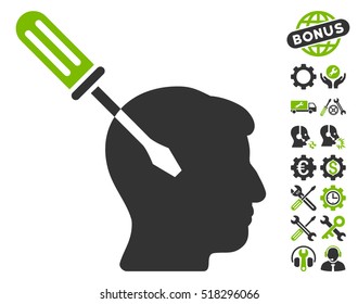 Intellect Screwdriver Tuning icon with bonus tools symbols. Vector illustration style is flat iconic eco green and gray symbols on white background.