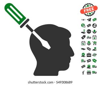 Intellect Screwdriver Tuning icon with free bonus pictures. Vector illustration style is flat iconic symbols, green and gray colors, white background.