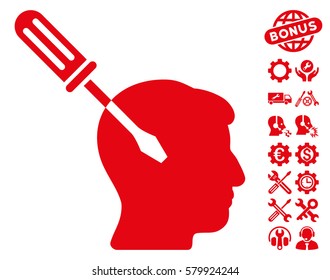 Intellect Screwdriver Tuning pictograph with bonus service pictograms. Vector illustration style is flat iconic red symbols on white background.