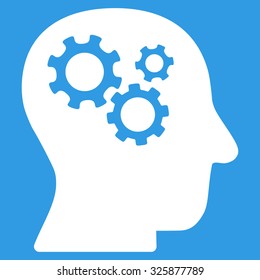Intellect vector icon. Style is flat symbol, white color, rounded angles, blue background.