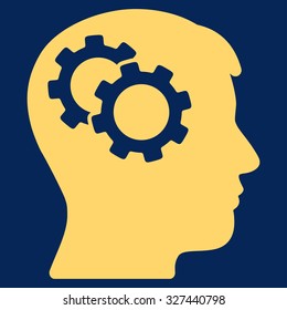 Intellect vector icon. Style is flat symbol, yellow color, rounded angles, blue background.