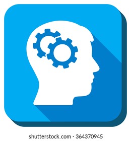 Intellect vector icon. Style is rounded square light blue button with long shadows. Symbol color is white.