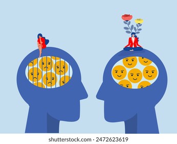 Intellection concept ,Difference positive and negative Business woman meditating on head with the mood scale with sit Sad Stress on head emotion happy and sad faces.