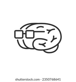 Capacidad intelectual, icono lineal. Formación cerebral. Cerebro con gafas. Línea con trazo editable