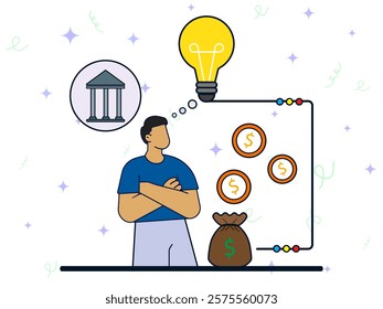 Intellectual capital concept. Man thinking idea to business innovation. Lightbulb, smart, knowledge, financial, banking, economy. Cartoon flat vector illustration. 