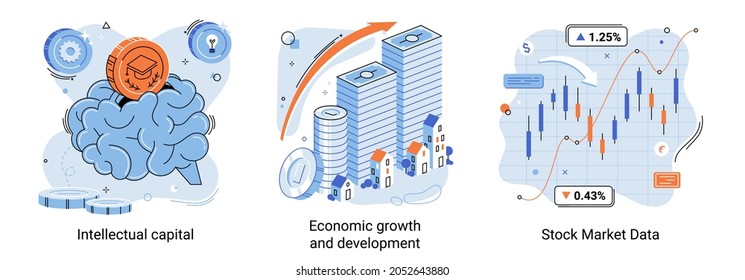 Intellectual capital, economic growth and development, stock market data vector set. Graphics for statistic and business data, increase in profits, investment activities, financial education