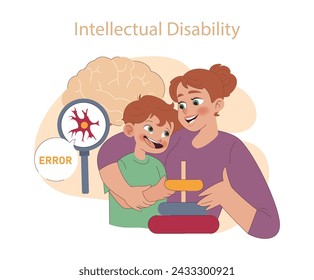 Intellectual Disability concept. Child and parent engage in cognitive development activities. Embracing neurodiversity with love.