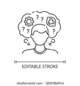 Intellectual disability linear icon. Person with short term memory loss. Think in confusion. Thin line customizable illustration. Contour symbol. Vector isolated outline drawing. Editable stroke