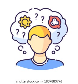 Intellectual disability RGB color icon. Person with short term memory loss. Think in confusion. Amnesiac man. Anxious question. Chronic disease. Mental problem. Isolated vector illustration