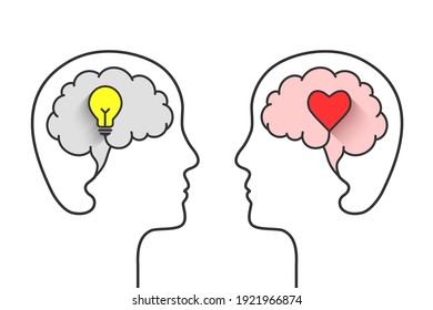 Intellectual and emotional intelligence or right and left brain hemispheres concept. Cerebral hemisphere dominance, IQ and EQ with head profile outline, brain, light bulb and heart symbol.