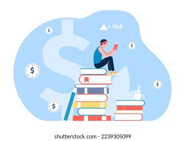 Intellectual and financial growth through self-study. Man reading book, guy sitting on books pile with coffee. Finance education vector concept