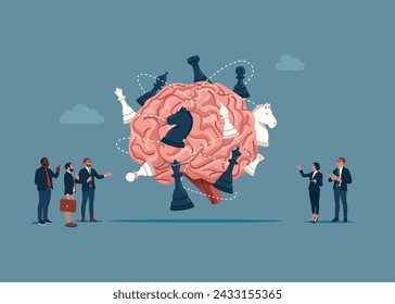 Intellectual game, strategy, politics. Chess figures fighting each other on across brain. Flat vector illustration