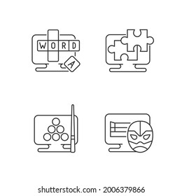 Intellectual game types linear icons set. Online word guessing game. Wrestling matches simulators. Customizable thin line contour symbols. Isolated vector outline illustrations. Editable stroke