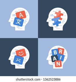 Intellectual Games Concept, Brain Development, Mental Training, Creative Thinking, Positive Mindset, Learn New Skills, Language Course, Memory Improvement, Vector Icons, Flat Design Illustration