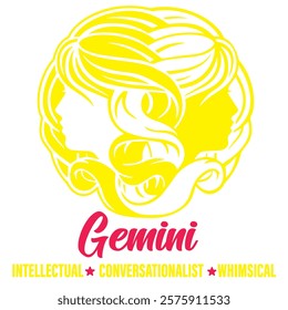 Intellectual Gemini zodiac illustration with twin faces and vibrant yellow design.