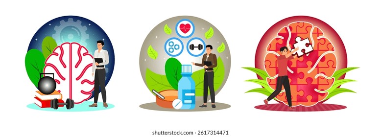 Intellectual growth and physical fitness. A man explaining concepts, and customized nutritional supplements.Man placing a puzzle piece into a brain structure.