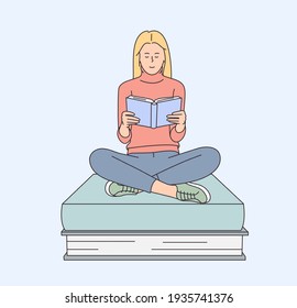 Intellectual hobby, book lovers, students learning and preparing for exams outline concept. Young man or student sitting on pile of books and reading book.