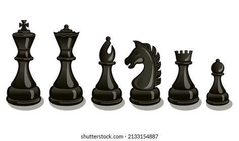 Intellectual leisure activity symbol.Realistic black chess pieces set. King, queen bishop and pawn horse rook. Black chess figures for board game.  Vector illustration