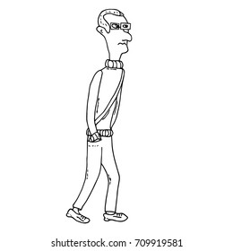 Intellectual man in glasses, exhibition visitor, walking guy. Hand drawn artistic cartoon sketch. 