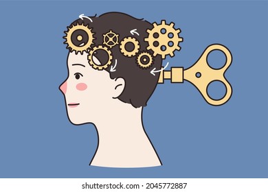 Intellectual manipulation and mental health concept. Human head with brain is replaced by system of gears driven by key and scissors vector illustration 