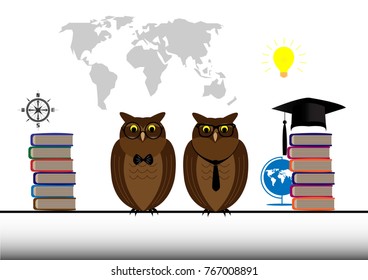 The Intellectual Owls. Smart owl.- Illustration,University, Hat, Wisdom, Book, Studying ,Animal, Bird, Classroom,World map,compass,Light bulb