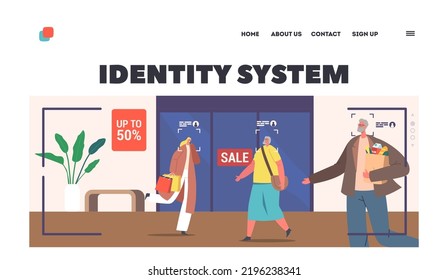 intellectual Persons Identity System Landing Page Template. Customers in Shopping Mall with Identification Facial Recognition Security Camera Surveillance. Cartoon People Vector Illustration