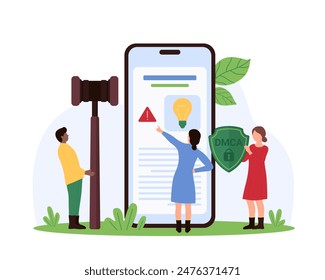 Intellectual property and authors rights infringement notification in mobile app. Tiny people holding DMCA shield and gavel near big smartphone with light bulb on screen cartoon vector illustration