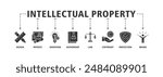 Intellectual property banner web icon set vector illustration concept for trademark with icon of design, patents, invention, authorship, law, copyright, protection, and brand