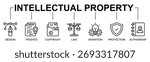 Intellectual Property banner web icon vector line style illustration concept with icon of intellectual property, design, patents, copyright, law, invention, protection, authorship
