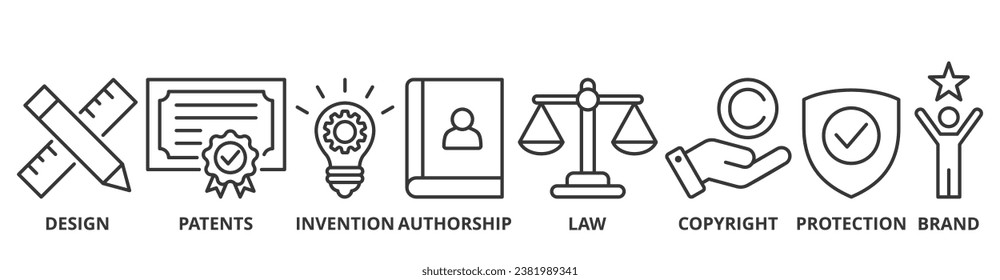 Intellectual property banner web icon vector illustration concept for trademark with icon of design, patents, invention, authorship, law, copyright, protection, and brand