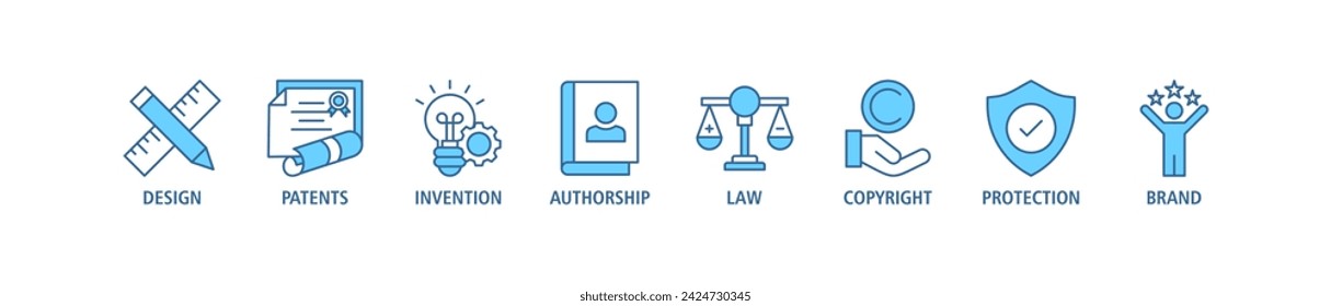 Intellectual property banner web icon vector illustration concept for trademark with icon of design, patents, invention, authorship, law, copyright, protection, and brand