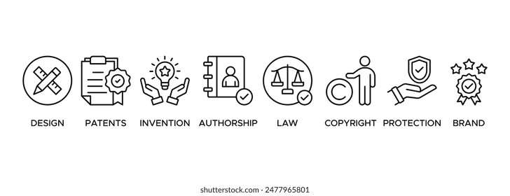 Concepto de Ilustración vectorial del Web del Anuncio de la Propiedad intelectual para la Marca comercial con el icono del diseño, patentes, invención, autoría, ley, Derechos de autor, protección y marca
