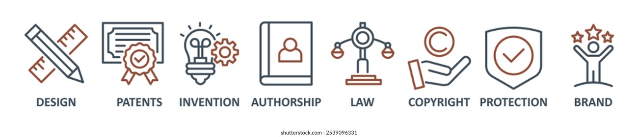 Intellectual property banner web icon set vector illustration concept with icons of design, patents, invention, authorship, law, copyright, protection, brand icons symbol template background