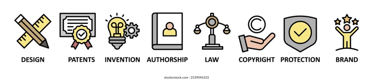 Intellectual property banner web icon set vector illustration concept with icons of design, patents, invention, authorship, law, copyright, protection, brand icons symbol template background