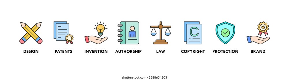 Intellectual property banner web icon vector illustration concept for trademark with icon of design, patents, invention, authorship, law, copyright, protection, and brand