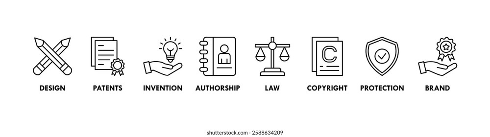 Intellectual property banner web icon vector illustration concept for trademark with icon of design, patents, invention, authorship, law, copyright, protection, and brand