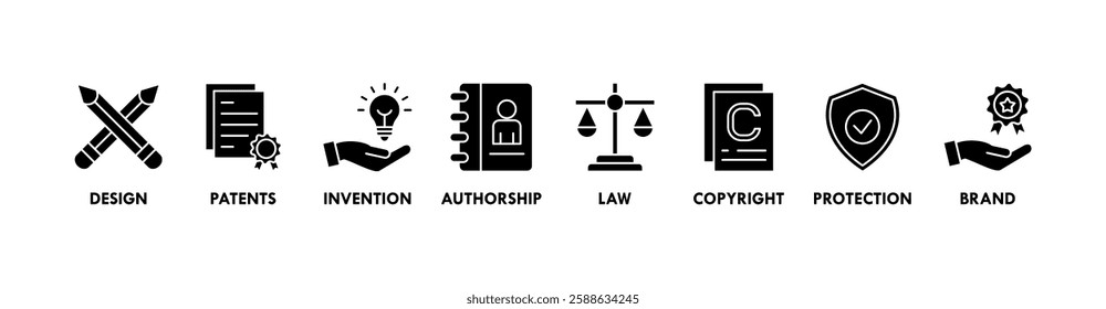 Intellectual property banner web icon vector illustration concept for trademark with icon of design, patents, invention, authorship, law, copyright, protection, and brand