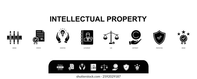Intellectual property banner web icon set vector illustration concept with icons of design, patents, invention, authorship, law, copyright, protection, brand icons symbol template background