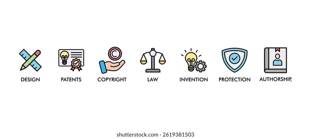 Intellectual property banner web icon set vector illustration concept for trademark with icon of design, patents, invention, authorship, law, copyright, protection, and brand