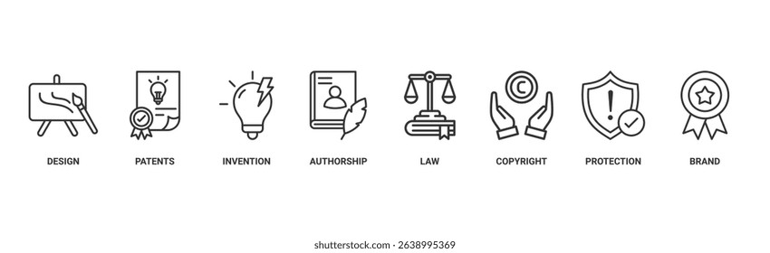 intellectual property banner web icon vector illustration concept for trademark with icon of design, patents, discovery, authorship, law, copyright, protection, and brand