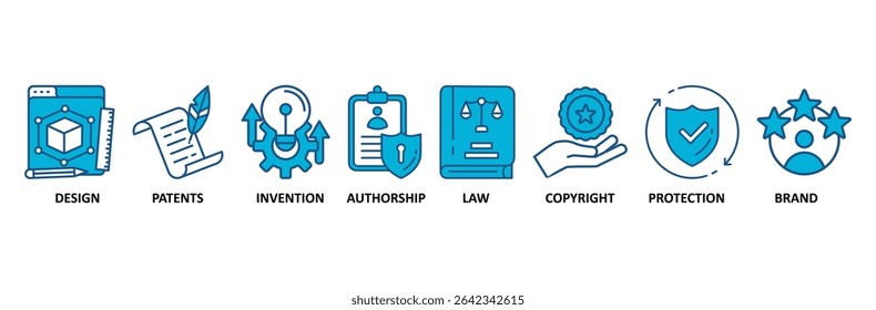 Intellectual property banner web icon vector illustration concept for trademark with icon of design, patents, invention, authorship, law, copyright, protection, and brand