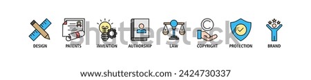 Intellectual property banner web icon vector illustration concept for trademark with icon of design, patents, invention, authorship, law, copyright, protection, and brand